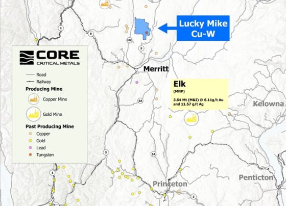 Geological map of British Columbia Nicola Mining District showing Lucky Mike Cu-W project