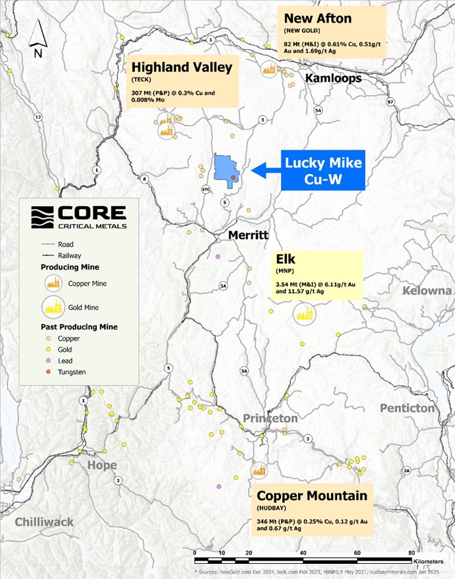 Geological map of British Columbia's Nicola Mining District showing Lucky Mike Cu-W project location