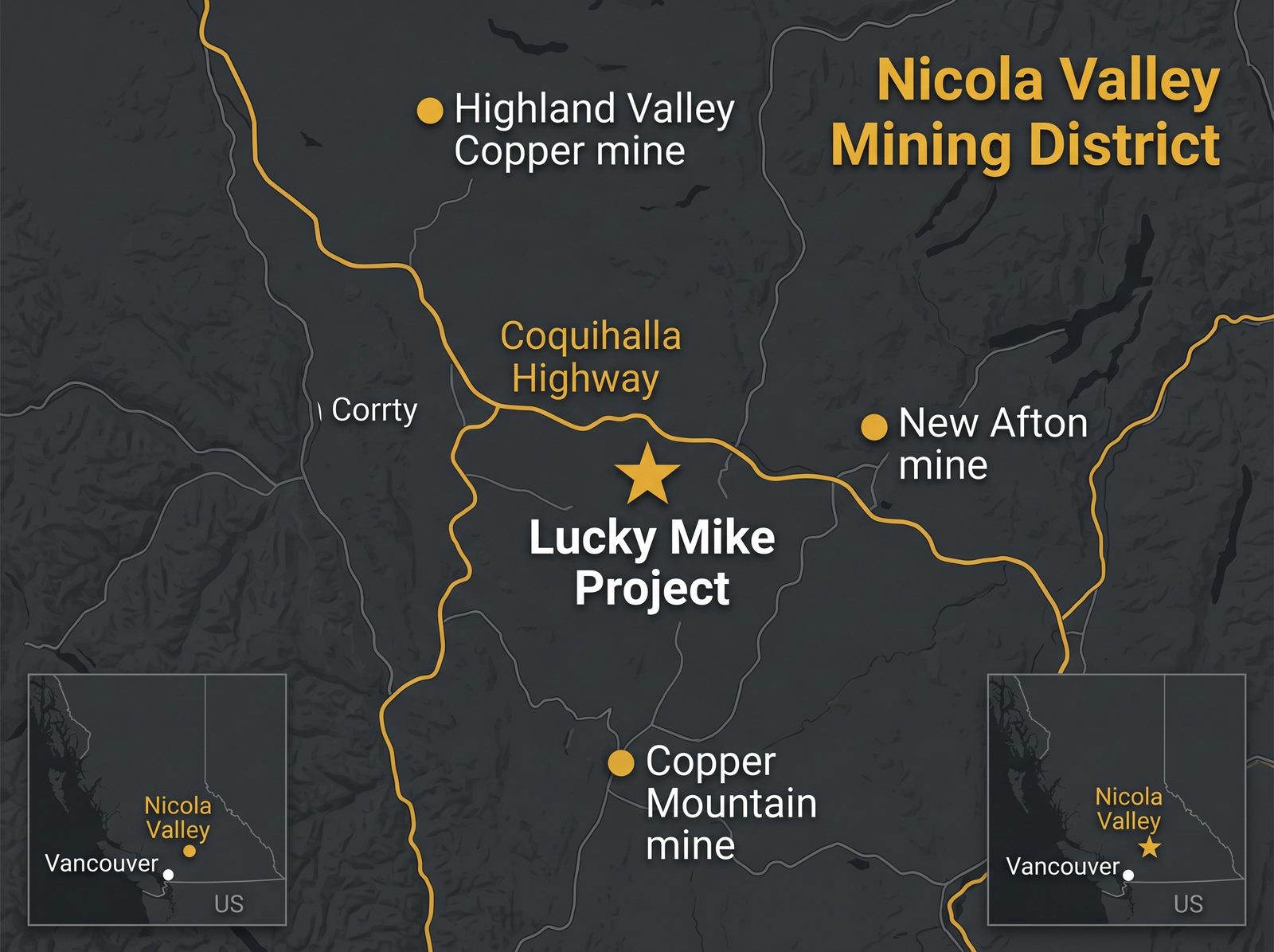 Nicola Valley Mining District Map showing Highland Valley, New Afton, Copper Mountain, and Lucky Mike Project
