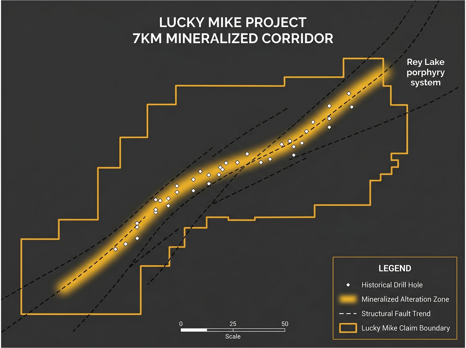 Lucky Mike Project claim boundaries and 7km mineralized trend within the Nicola Valley